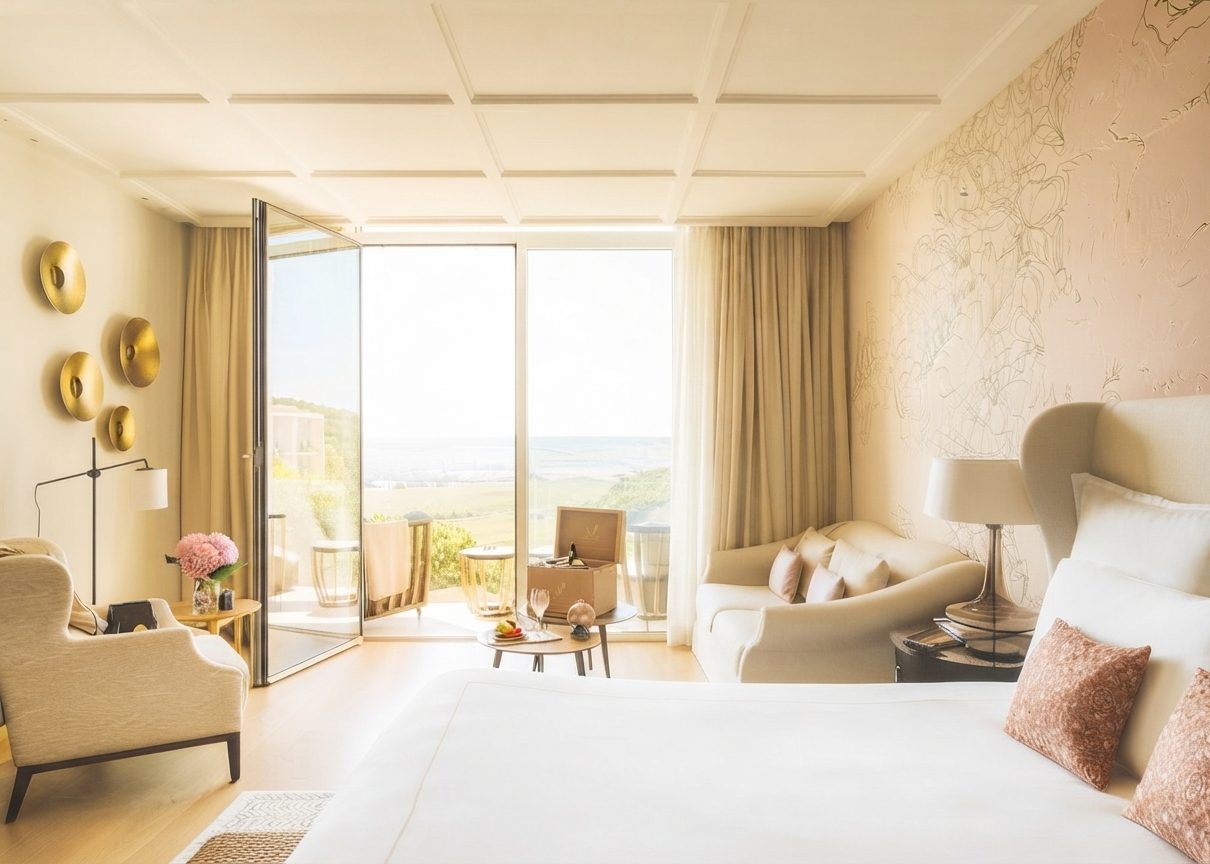 Chambre du Royal Vallée aux tons ivoire et or, balcon sur les vignes de Champagne (Marne, 51)