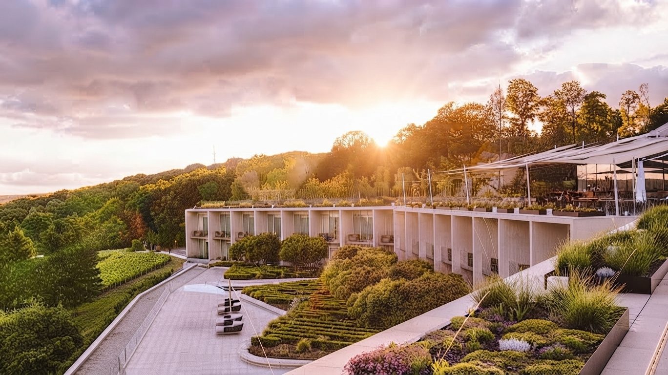 Royal Vallée au coucher du soleil — hôtel de séminaire intégré au coteau face aux vignes de Champillon, près d'Épernay (Marne, 51)