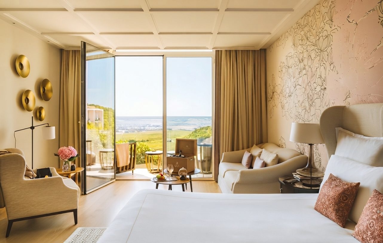 Suite du Royal Vallée avec terrasse privée ouverte sur le vignoble de Champagne (Marne, 51)