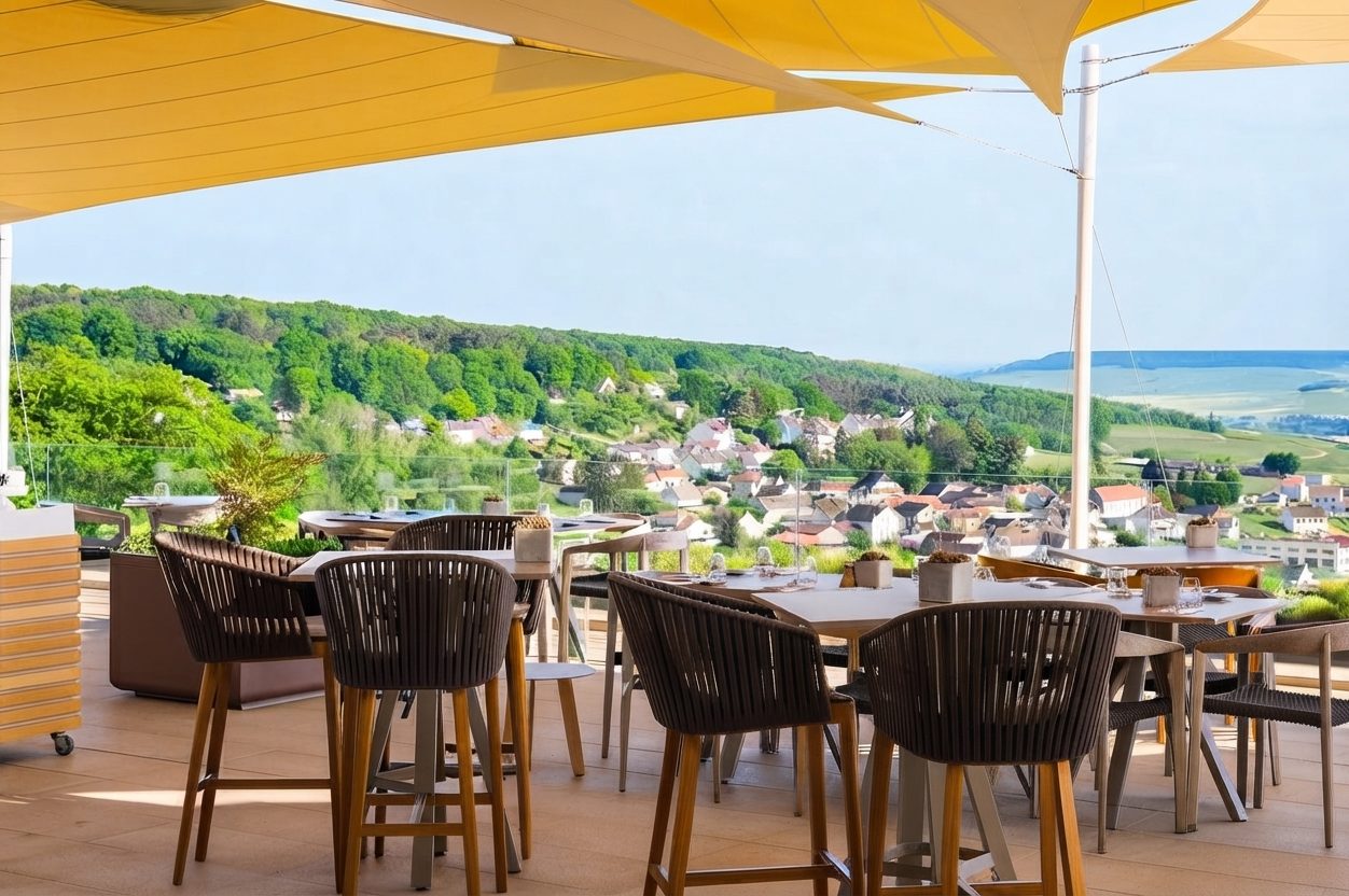 Terrasse du restaurant du Royal Vallée sous les voiles jaunes, vue sur un village champenois et les coteaux de la Marne (51)